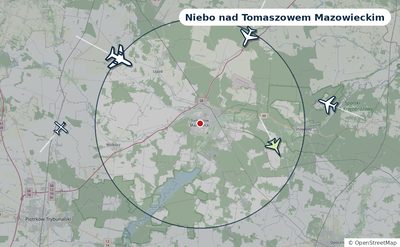 Mapa okolic miasta z sylwetkami samolotów — Niebo nad Tomaszowem Mazowieckim